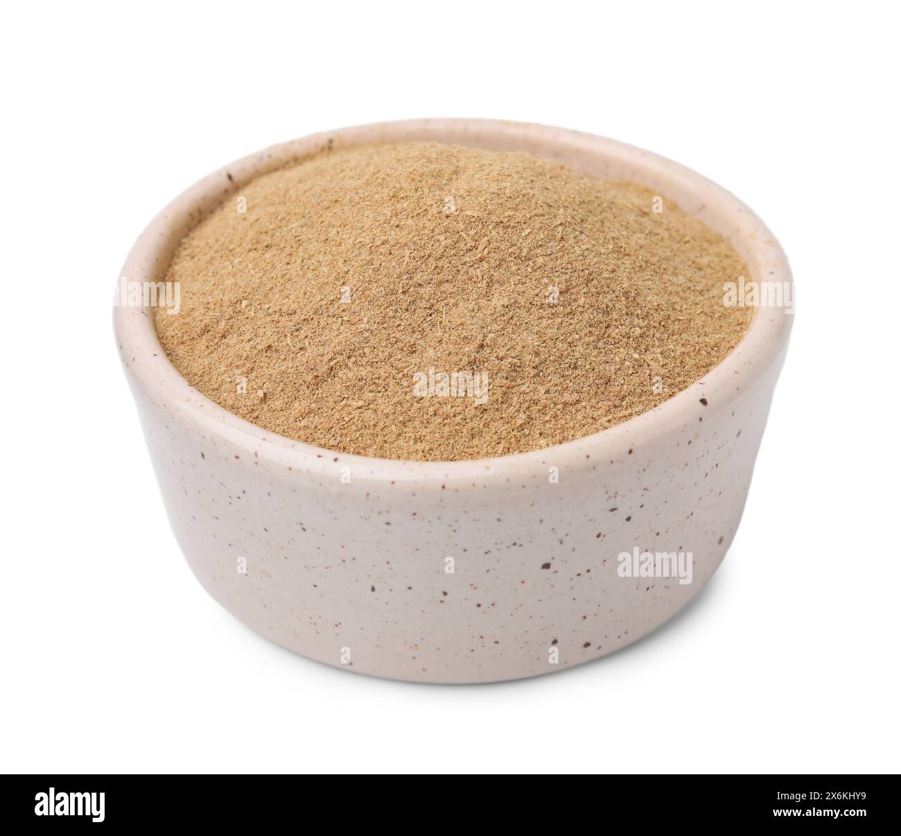 Dietary fiber. Psyllium husk powder in bowl isolated on white Stock
