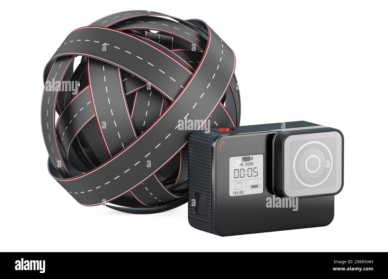 Roads knot with dashcam DVR. 3D rendering isolated on white background Stock Photo