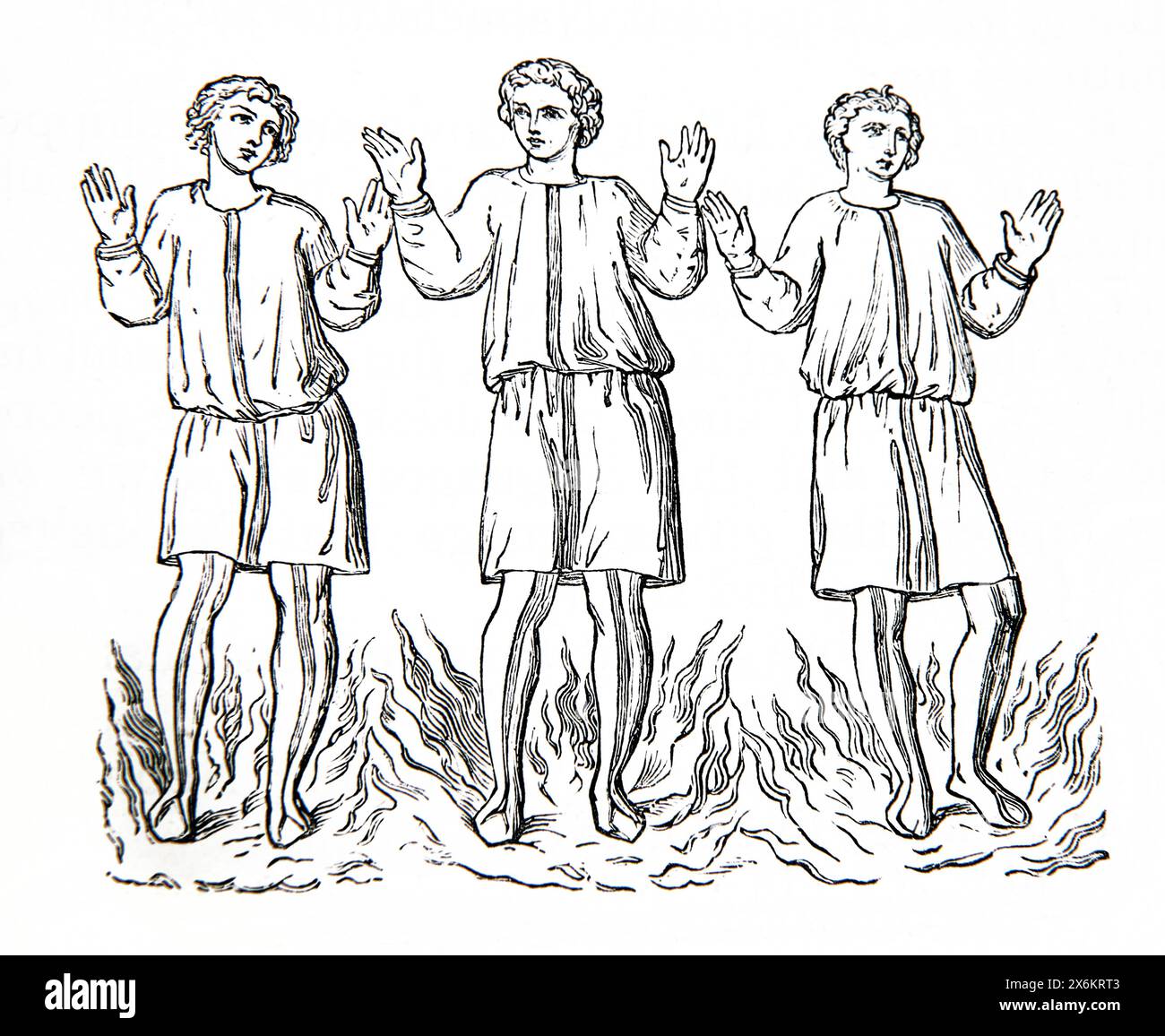 Wood Engraving of the Three Hebrews Mesach, Shadrach and Abed-nego in the Fiery Furnace After Refusing to Bow down and Worship the King's Golden idol Stock Photo
