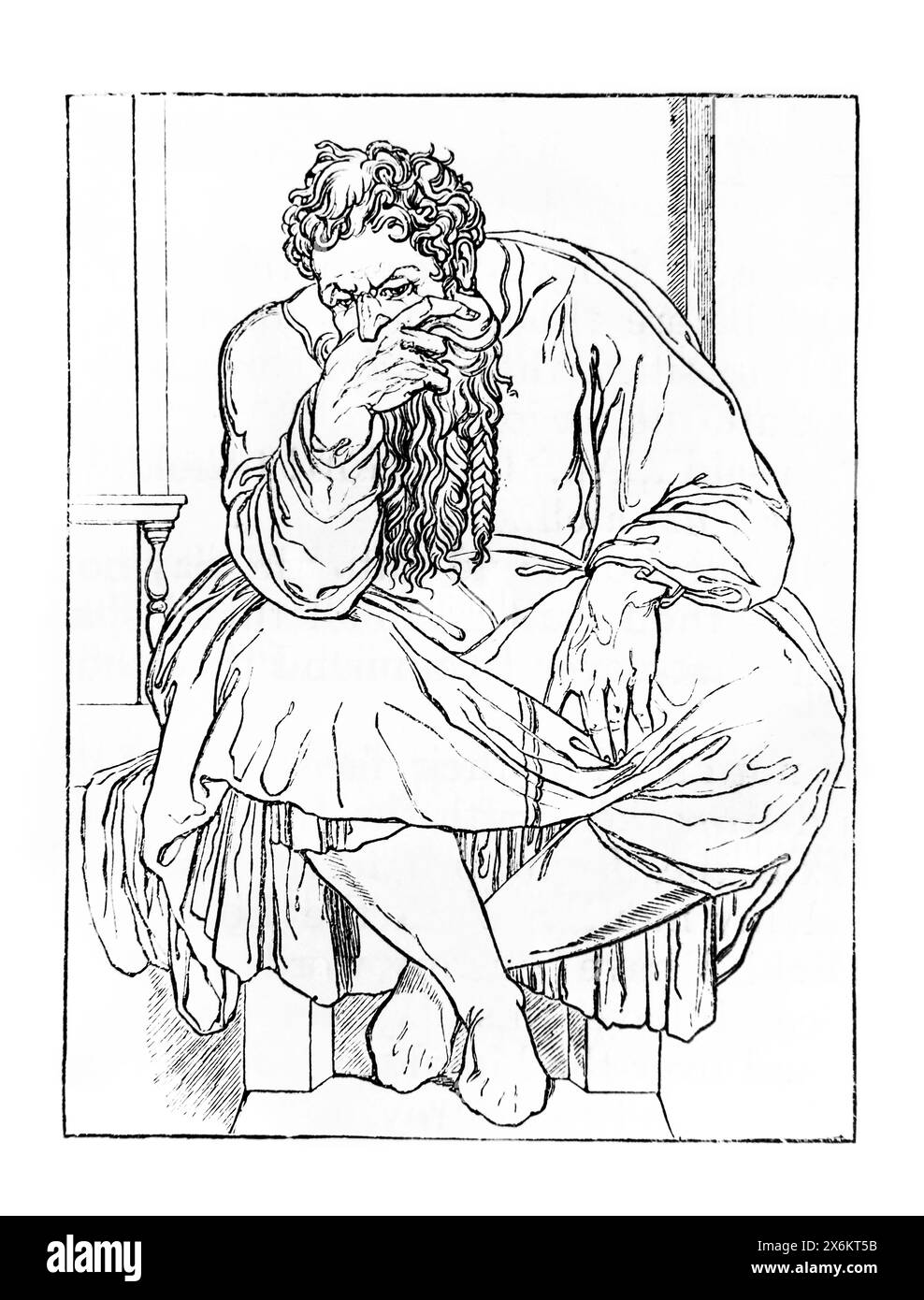 Wood Engraving of the Weeping Prophet Jeremiah Drawn from the Michelangelo's Sistine Chapel in Antique 19th century Illustrated Family bible Stock Photo