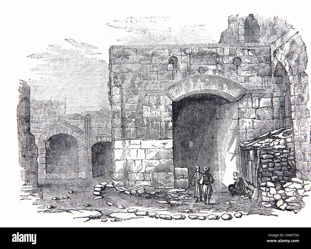 Wood Engraving of St Stephen's Gate one of the Seven Gates of the Old City of Jerusalem in Antique 19th Century Illustrated Family Bible Stock Photo