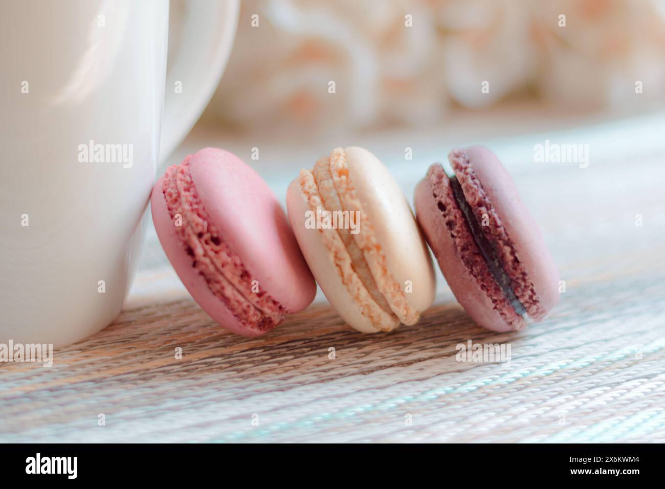 Homemade macaroon of different flavors, with a nice and colorful background, gourmet presentation. Stock Photo