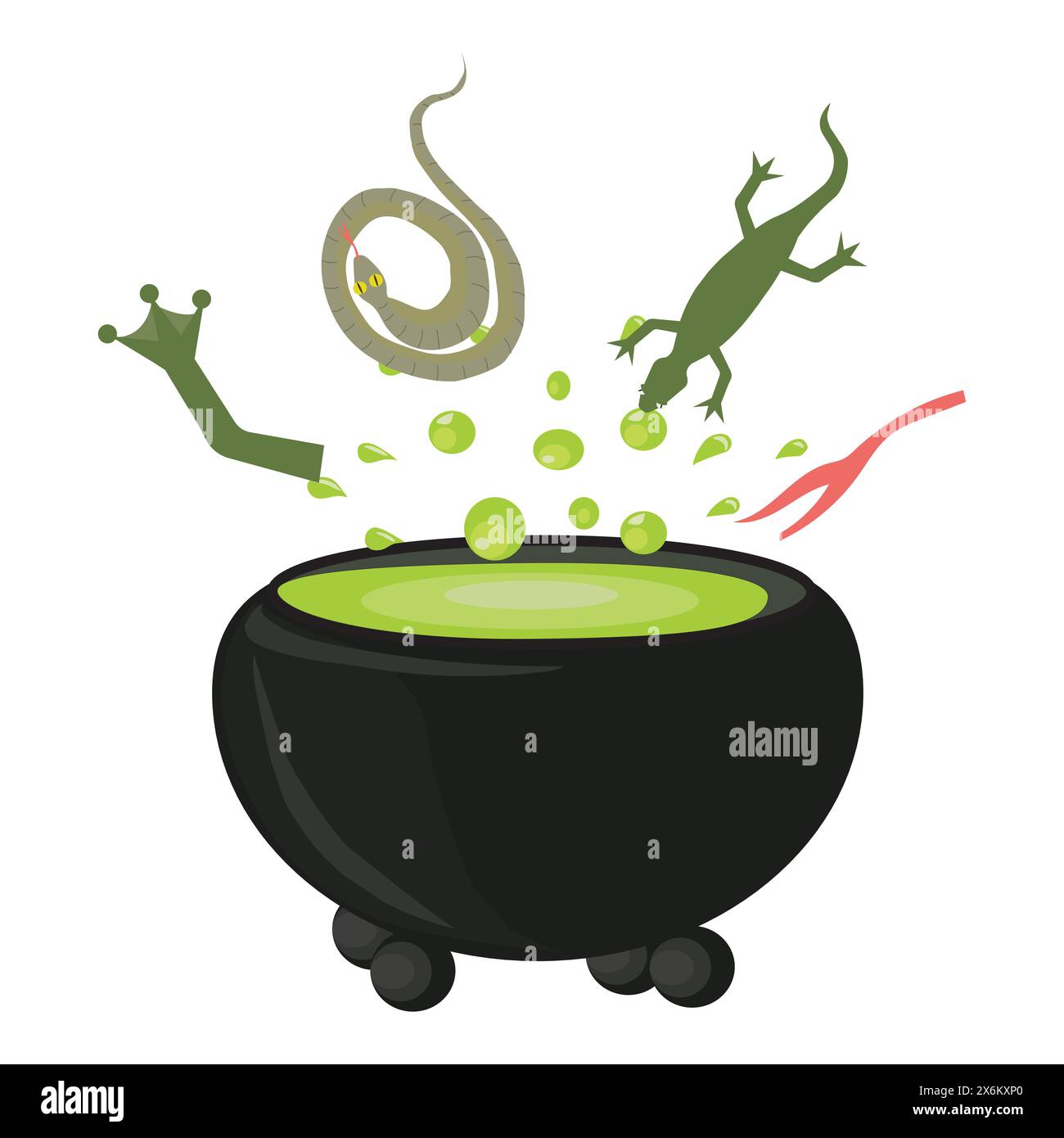 Cauldron with witchs potion and ingredients. Vector illustration isolated on white background. Stock Vector