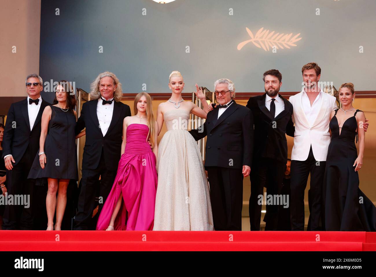 Michael DeLuca, Pamela Abdy, Doug Mitchell, Alyla Browne, Anya Taylor-Joy, George Miller, Tom Burke, Chris Hemsworth and Elsa Pataky attend the premiere of 'Furiosa: A Mad Max Saga' during the 77th Cannes Film Festival at Palais des Festivals in Cannes, France, on 15 May 2024. Stock Photo