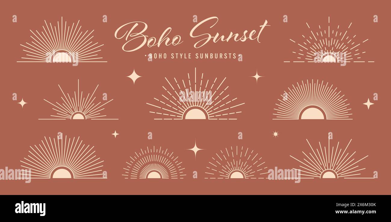 Vintage sunburst, sunset beams, half circle sunrise. Boho style, modern ...