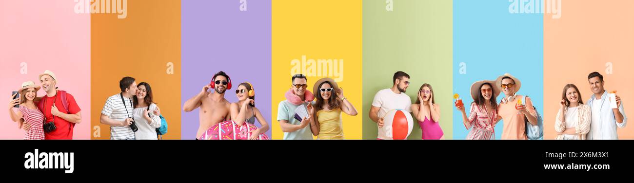 Collage of young couples on color background. Travel concept Stock ...
