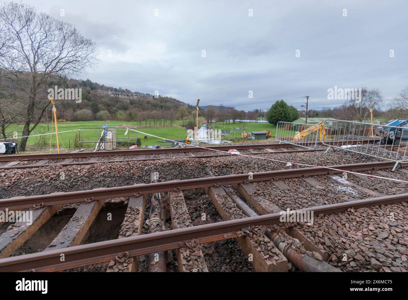 Pipe damaged by tamper  that may have contributed to the sink-hole which caused the train accident at Grange Over Sands, Cumbria, March 2024 Stock Photo