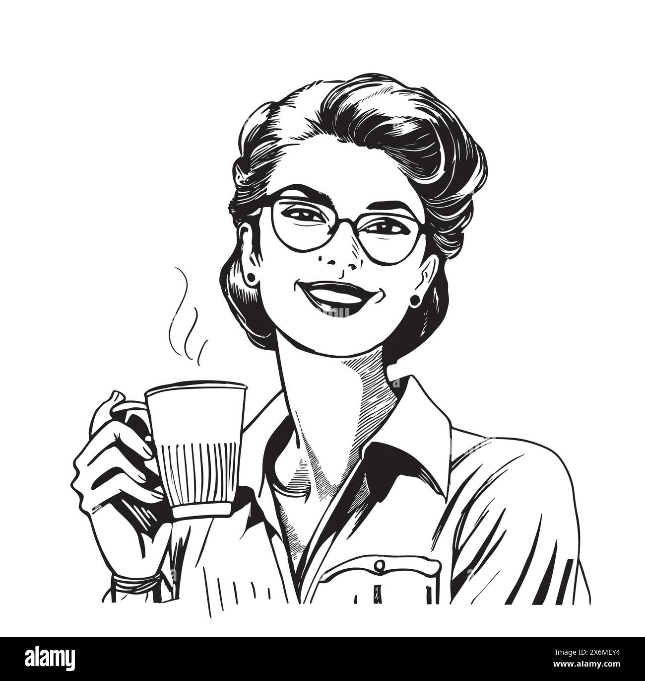 Hand drawn beautiful young woman portrait. Fashion girl with coffee cup. Stylish woman in sunglasses. Sketch. Stock Vector
