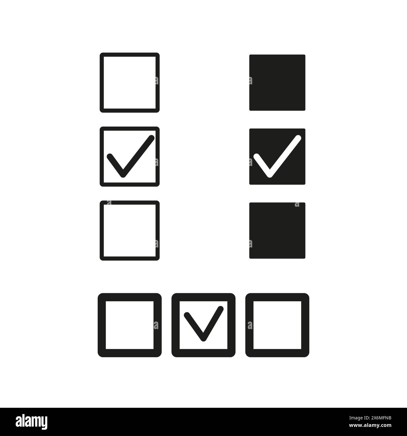 Set of check mark box icons. Various selection signs, black and white ...