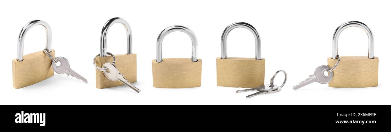 New steel padlock isolated on white, set Stock Photo - Alamy