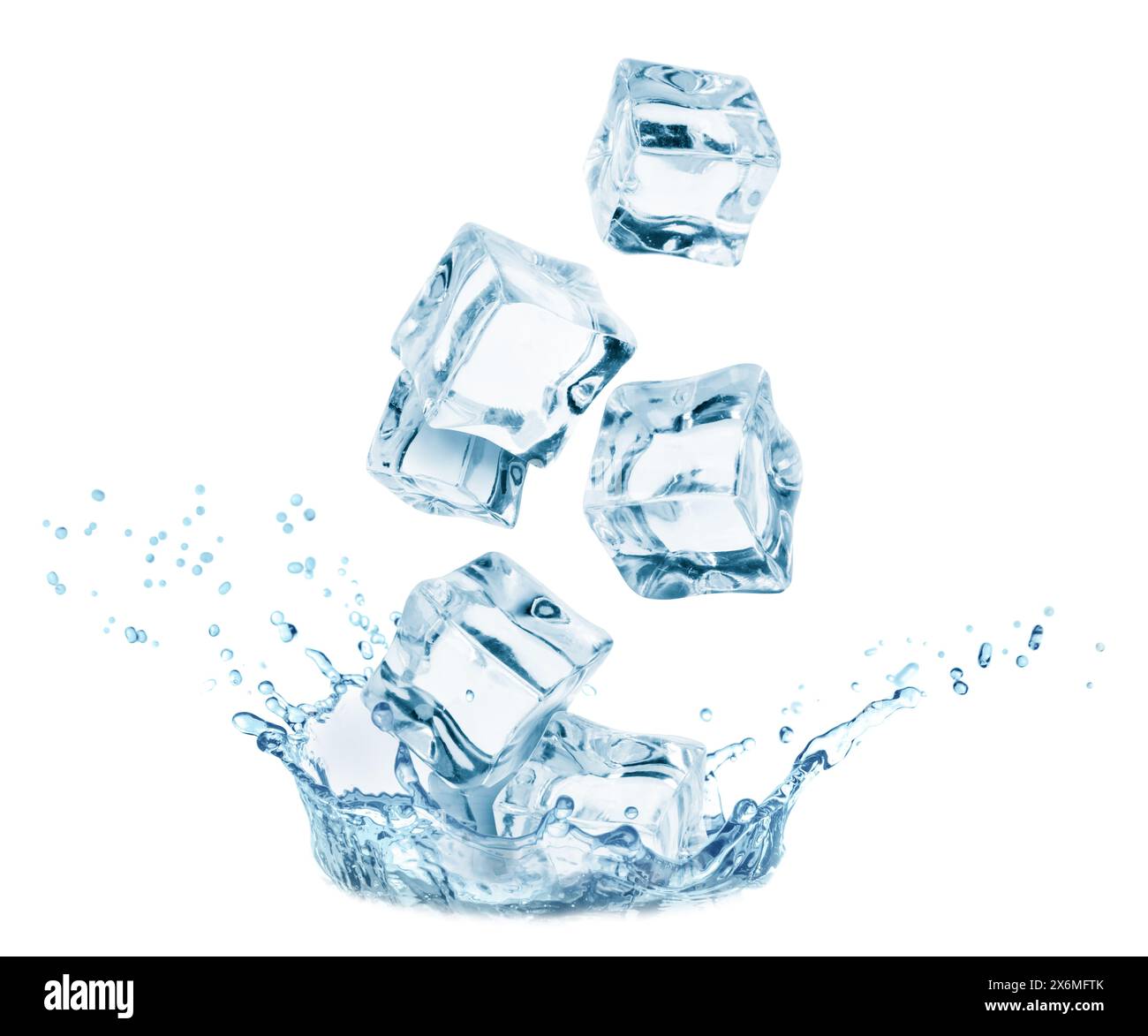 Ice cubes falling into water on white background Stock Photo - Alamy