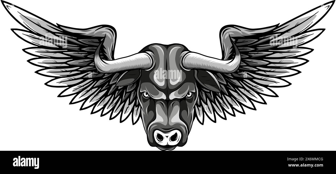monochrome creative cow wing logo vector illustration, Winged cow ancient emblems elements Stock Vector