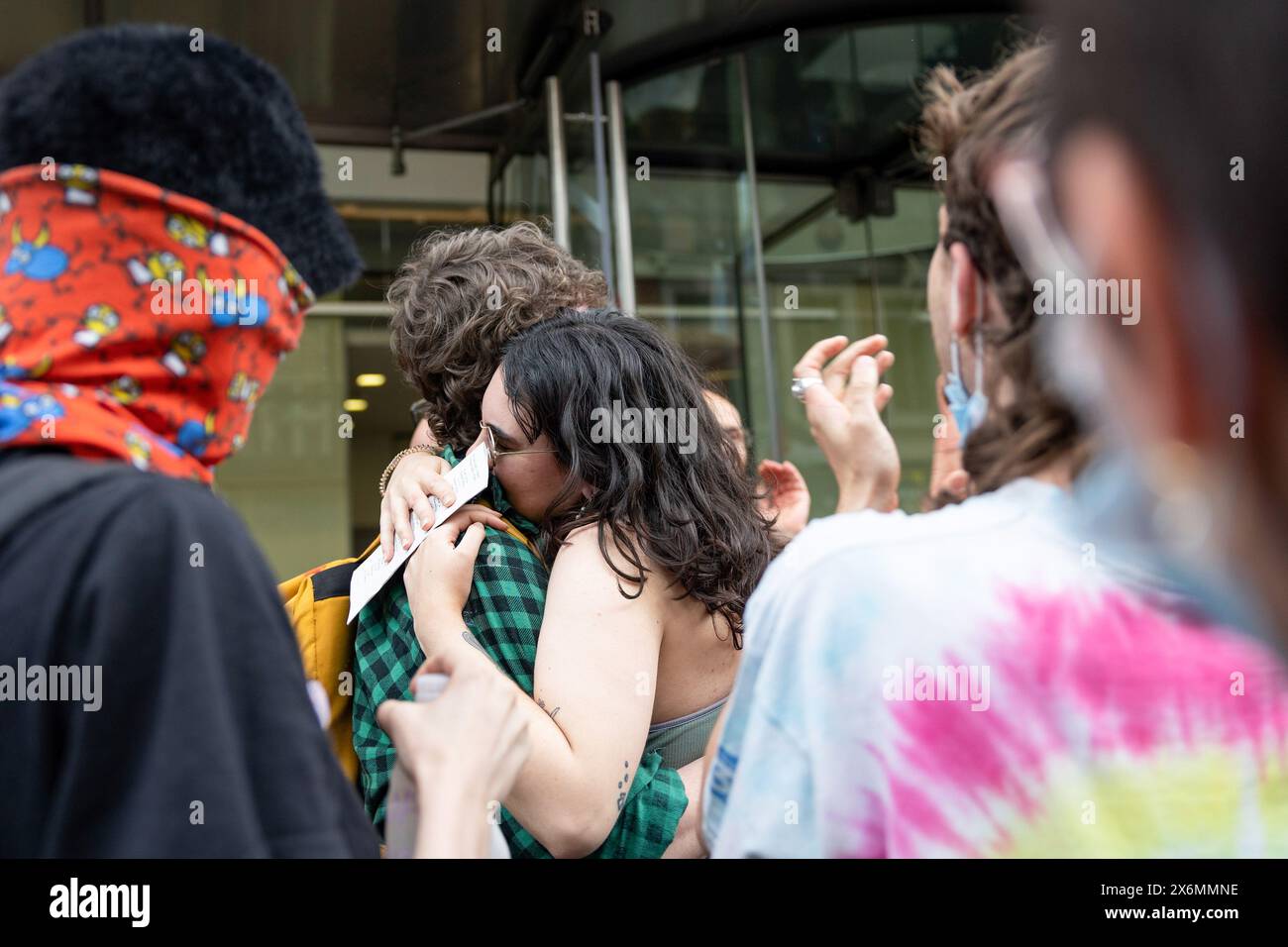 Students are seen hugging the delegates who just came out from the negotiation with the Vice Chancellor of UAL. Students from UAL (University of the Arts London) are seen rallying at their university campus while holding a discussion of university stand towards the Israel-Gaza War with the Vice Chancellor. The student later moved to Central St Martin campus and start their encampment until their demands are met by the university. Students from prestigious universities across the UK are joining the new wave of occupation and encampment in their university campus since late April inspired by the Stock Photo