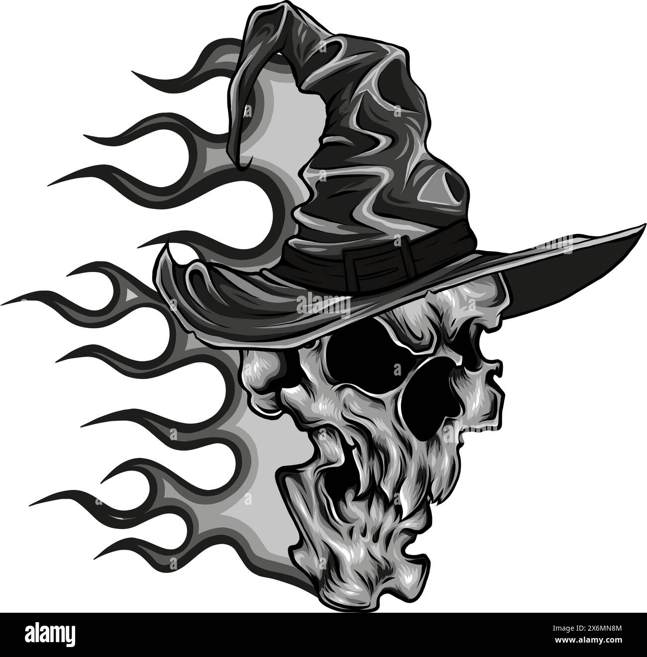 Monochrome skull with witch hat on flames vector illustration Stock Vector