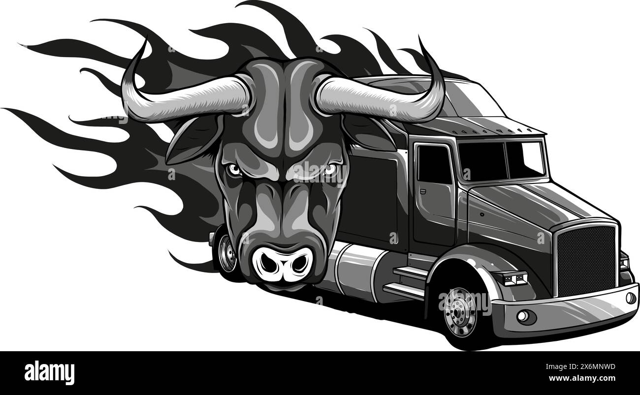 Monochrome semi truck with head bull and flames vector illustration on white background Stock Vector