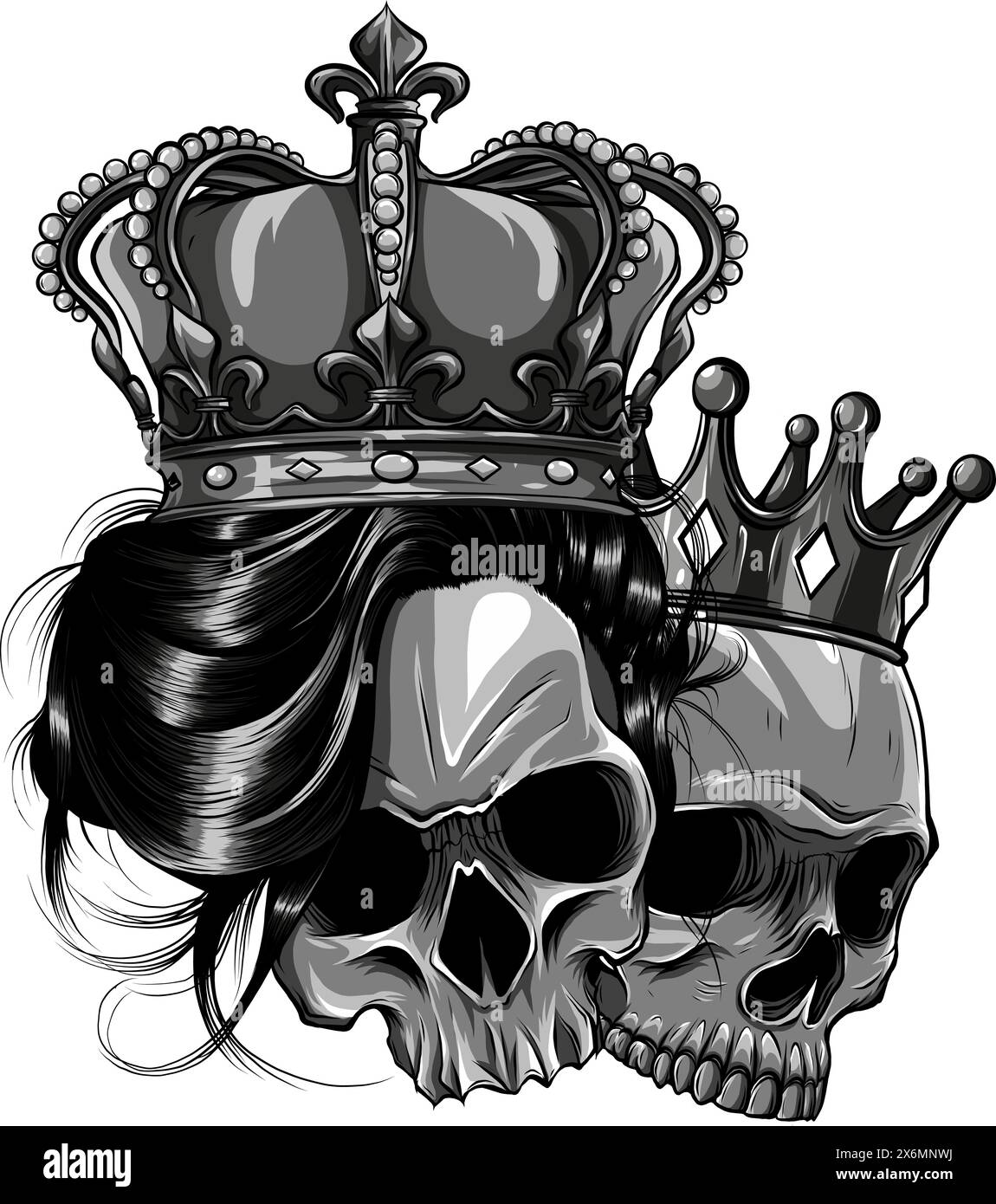 vector illustration of monochrome King and queen skull Stock Vector ...