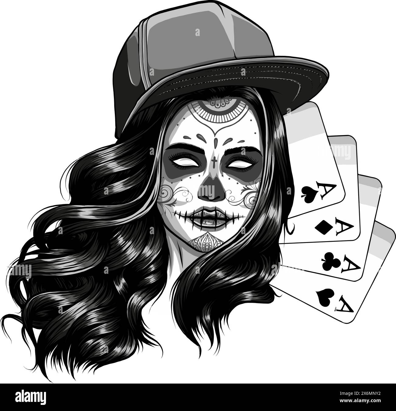 monochrome Poker cards with girk makeup skull, vector illustration Stock Vector