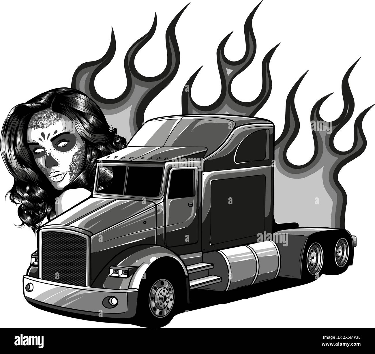 Monochrome semi truck with woman face and flames vector illustration on white background Stock Vector