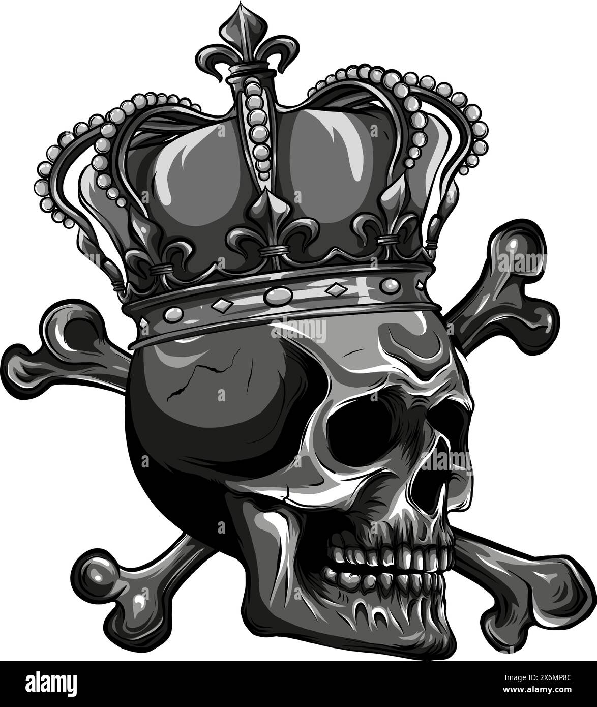 vector illustration of monochrome skull with crown on white background ...