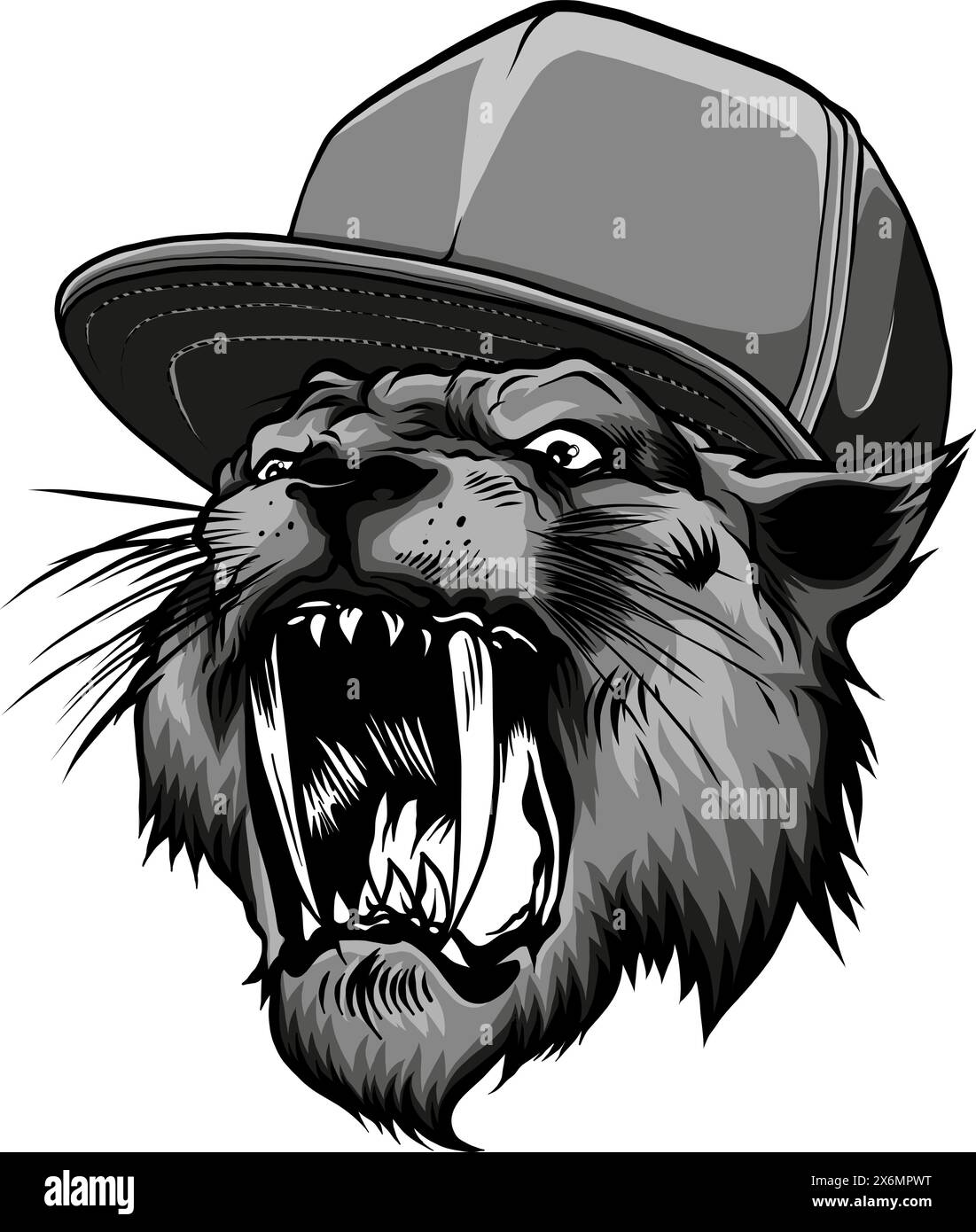 monochrome Lion angry wearing with hat. vector illustration draw Stock ...