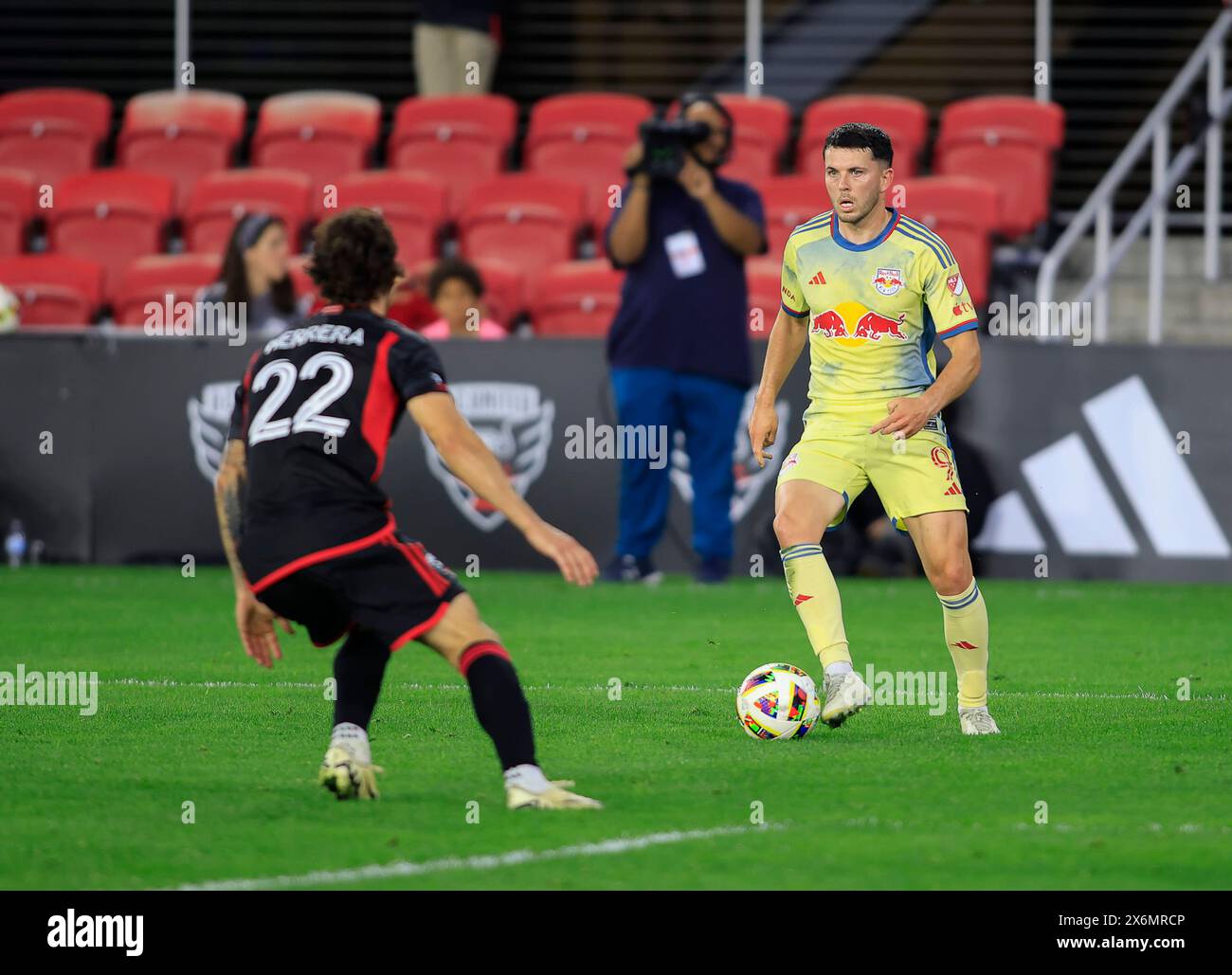 May 15, 2024: New York Red Bulls Midfielder (9) Lewis Morgan looks for a pass around D.C. United Defender (22) Aaron Herrera during an MLS soccer match between the D.C. United and the New York Red Bulls at Audi Field in Washington DC. Justin Cooper/CSM Stock Photo