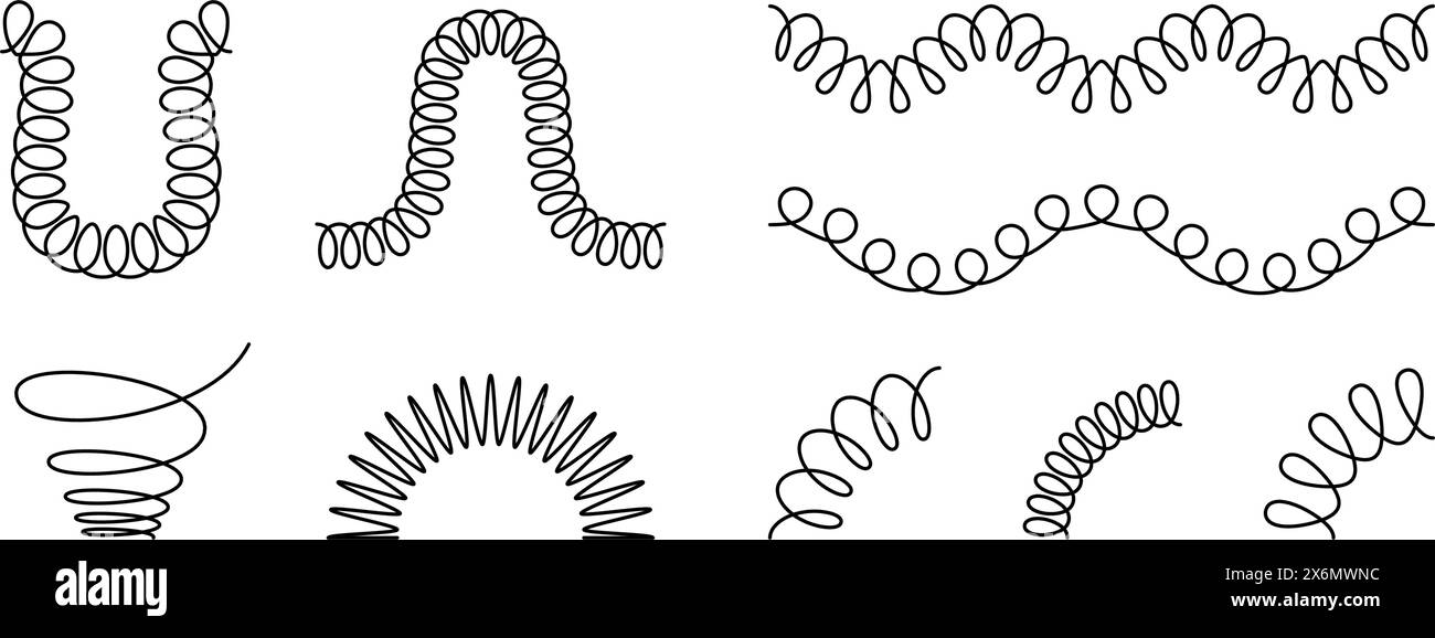 Spiral spring set. Black wire coil springs collection. Thin wire frames, zigzag lines, metal waves, flexible coils and arch elements pack for graphic design templates, decor, border. Vector bundle Stock Vector