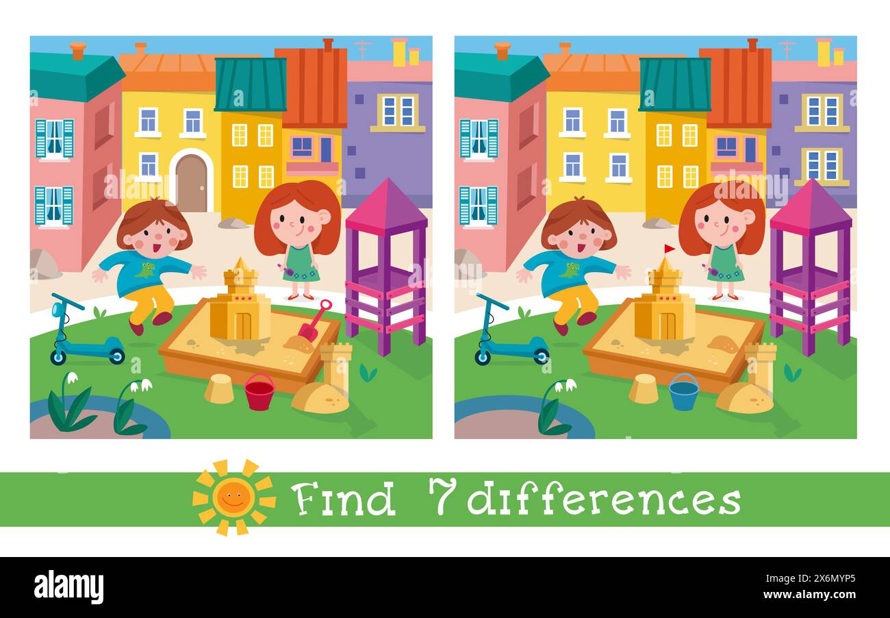 Find 7 differences. Game for children. Cute kids in playground Cartoon