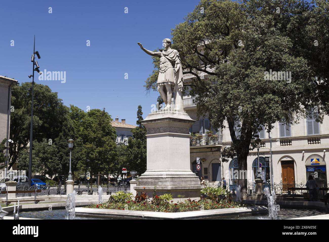 Nîmes, France.11th June, 2022.The Statue of Antoninus and its fountain, his place Saint Antonin in Nîmes, France Stock Photo