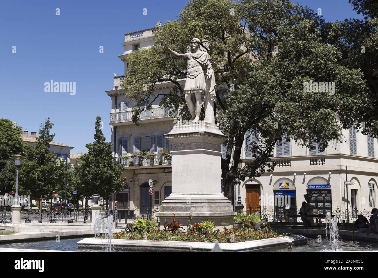 Nîmes, France.11th June, 2022.The Statue of Antoninus and its fountain, his place Saint Antonin in Nîmes, France Stock Photo