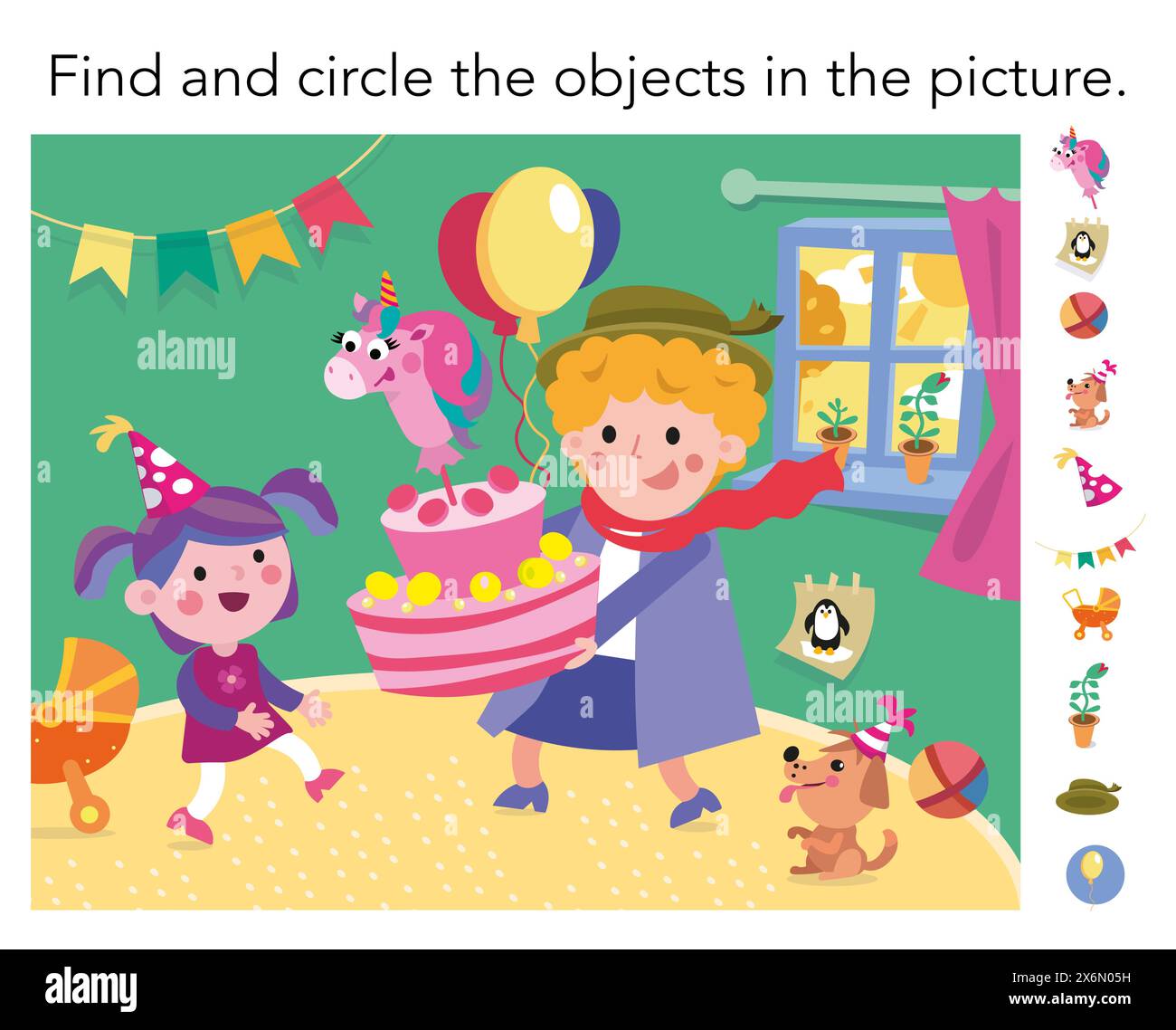 Find hidden objects. Game for children. Birthday party. Cute cartoon ...