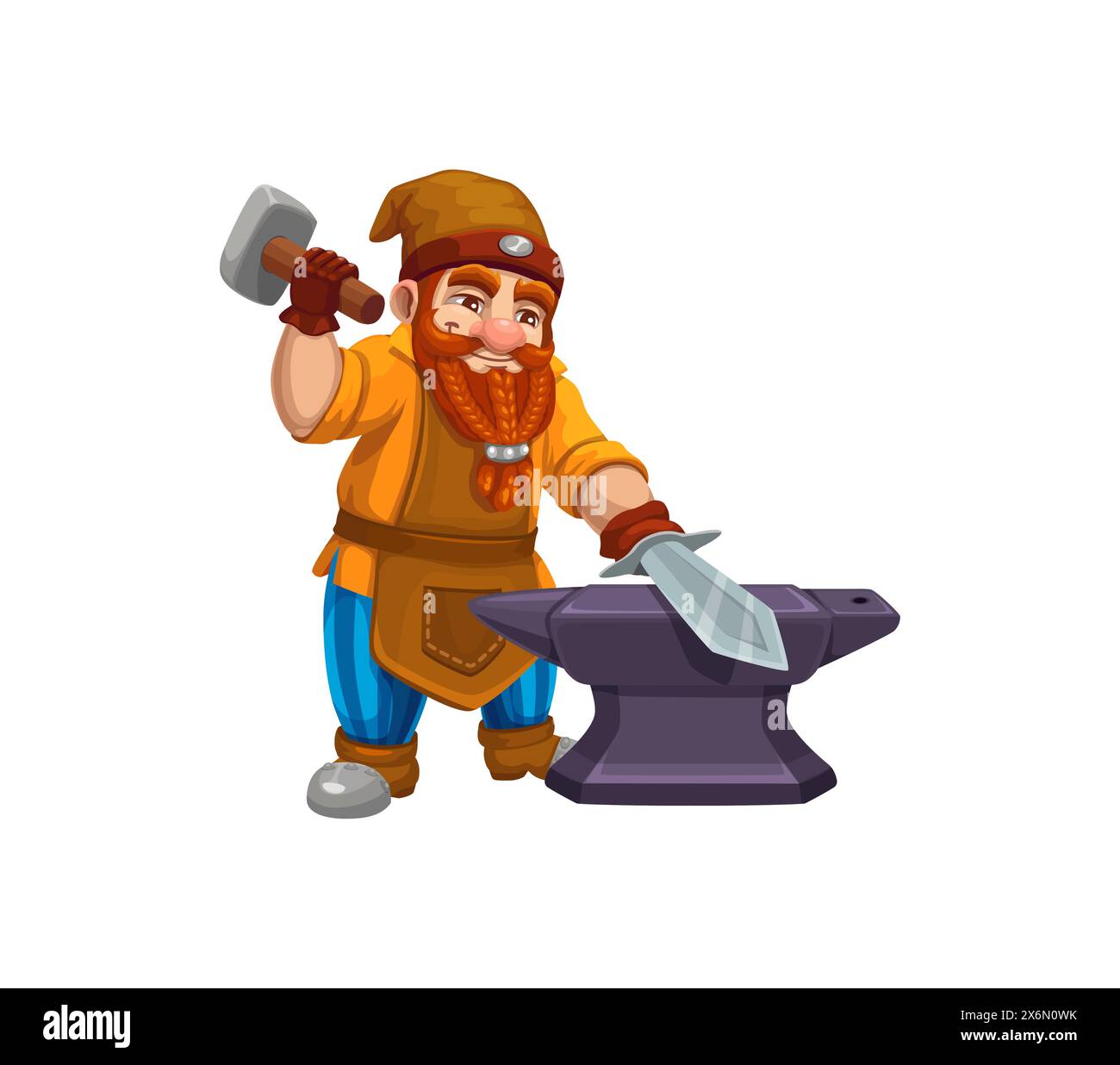 Cartoon gnome dwarf blacksmith character. Isolated vector cheerful fantasy personage with red beard, wearing a leather apron, pointed hat and wielding a hammer, shaping a sword on an anvil in workshop Stock Vector