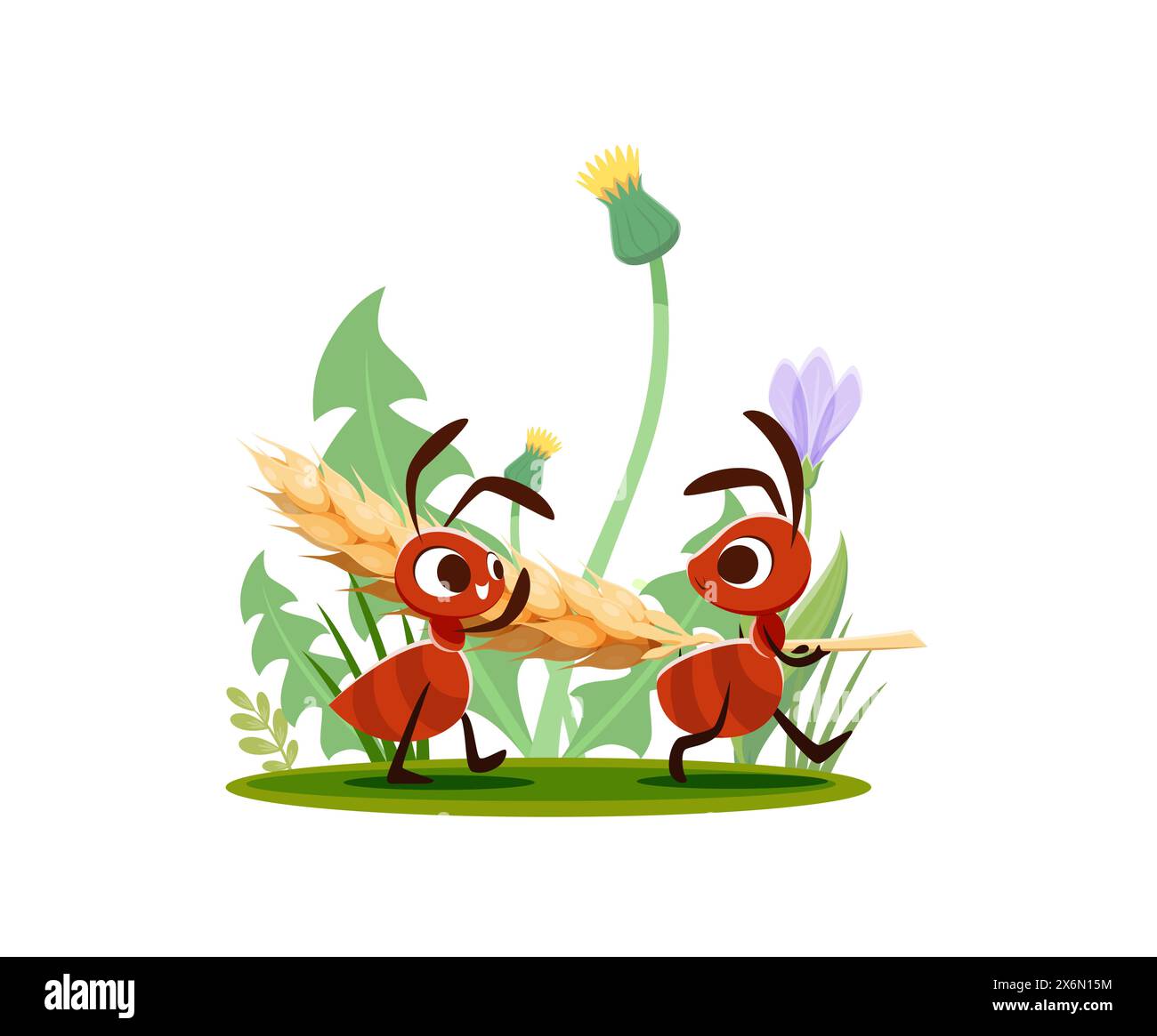 Cartoon ants carry wheat ear for food in meadow grass, vector funny insect characters. Happy ants carrying wheat spikelet to anthill nest walking among field flowers, child cartoon illustration Stock Vector
