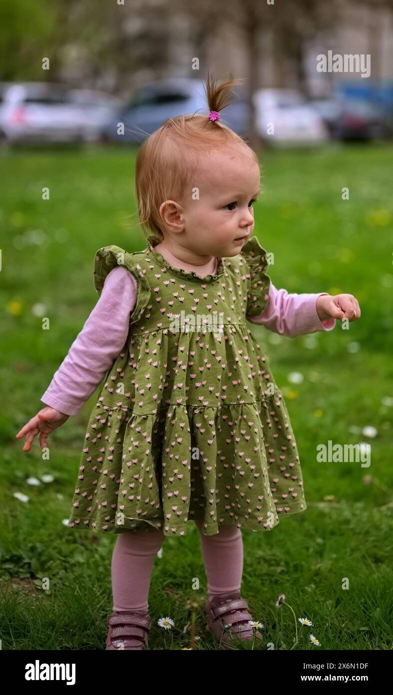 A little girl in dress standing in the grass Stock Photo - Alamy