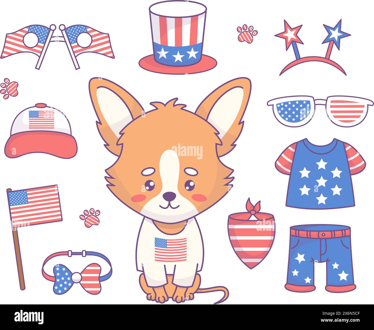 Independence Day holiday set. Cute festive dog chihuahua boy with patriotic clothes, accessories, party decorations in American flag colors. Cartoon f Stock Vector