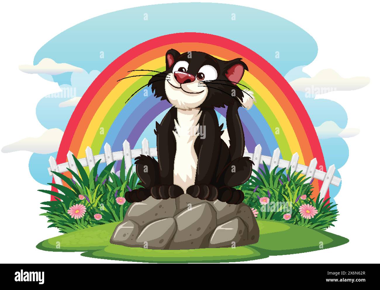 Cartoon skunk sitting on rocks under a rainbow. Stock Vector