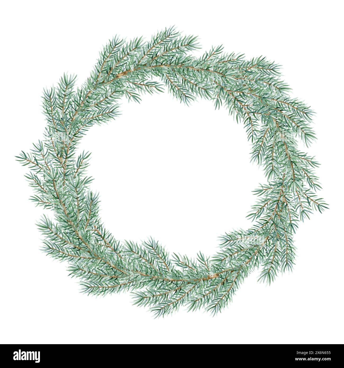Pine tree branches lush round wreath frame watercolor illustration for winter holidays greeting templates and cards Stock Photo