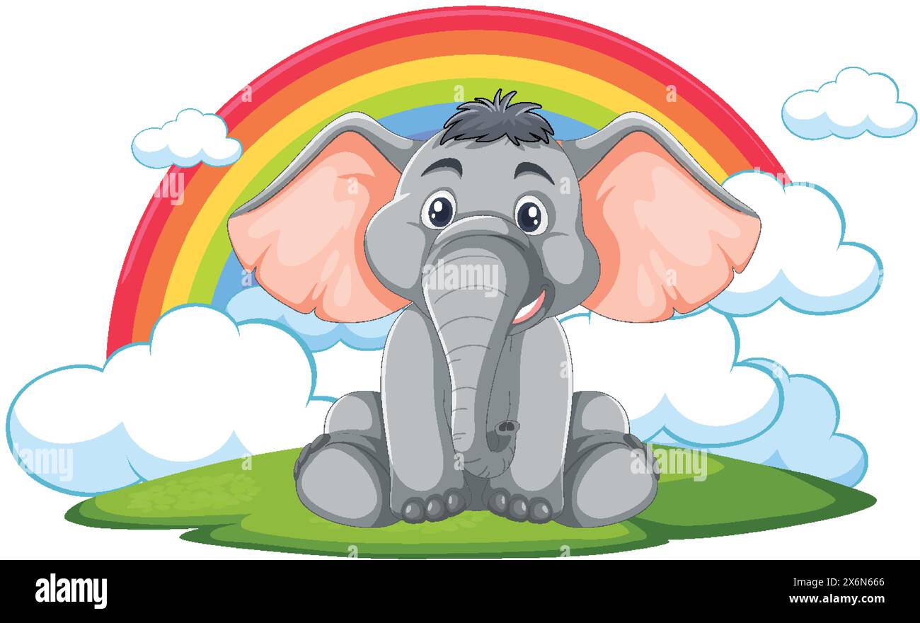 Cartoon elephant sitting under a vibrant rainbow Stock Vector