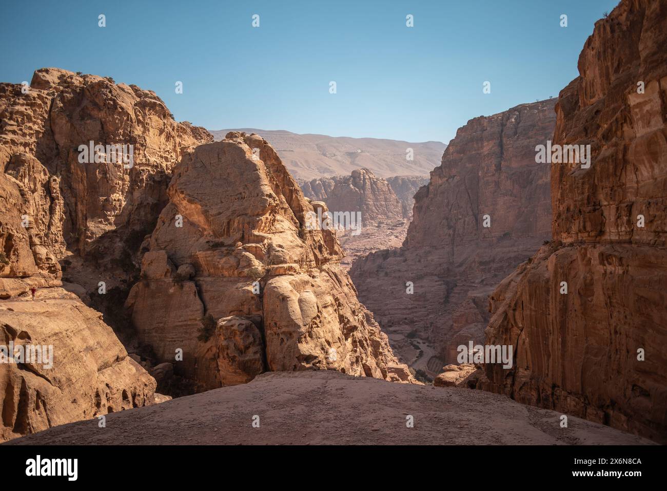 Scenic Landscape of Rocky Canyon in Jordan. Beautiful View of Stones in Ad Deir Trail in Petra. Middle East Scenery with Stone Rock Formations. Stock Photo