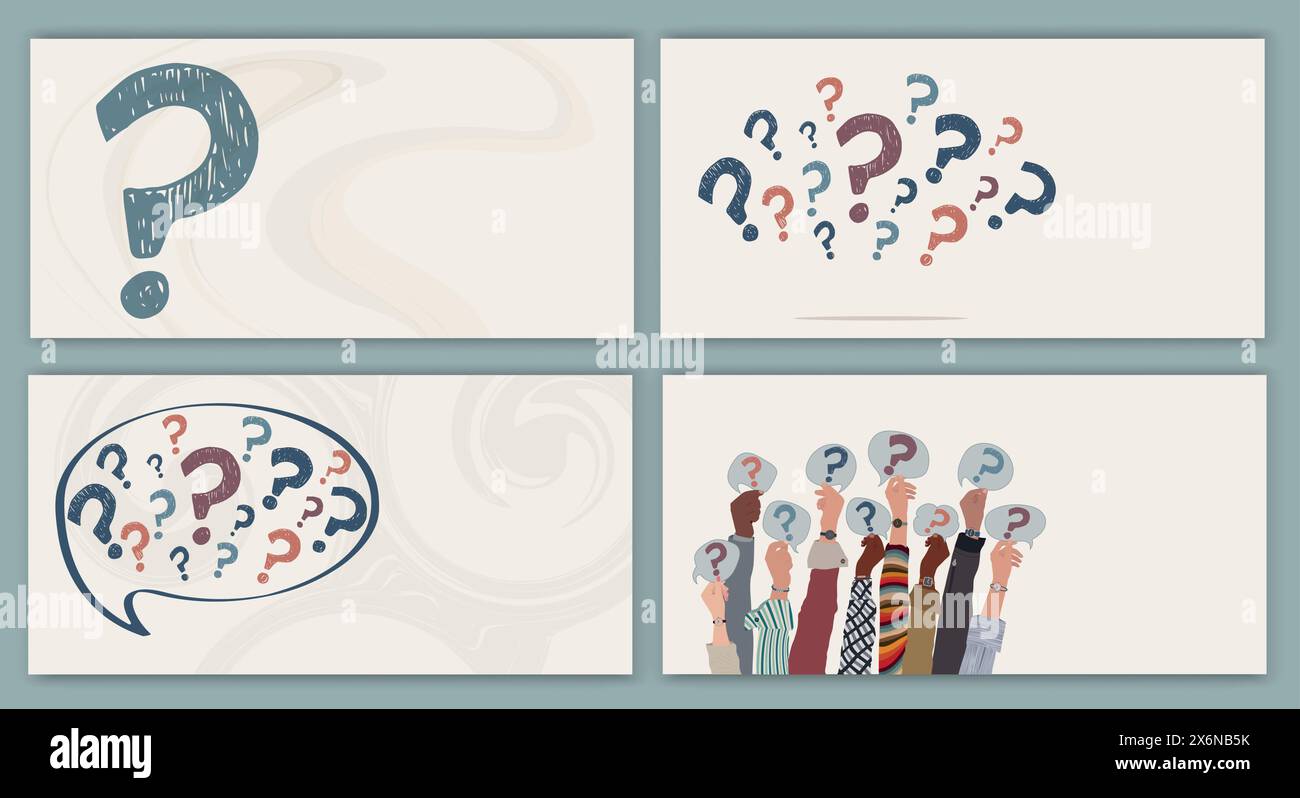 Banner - template or poster with Raised hands of people holding a speech bubble with a hand-drawn question mark symbol. Concept of choice - problem - Stock Vector