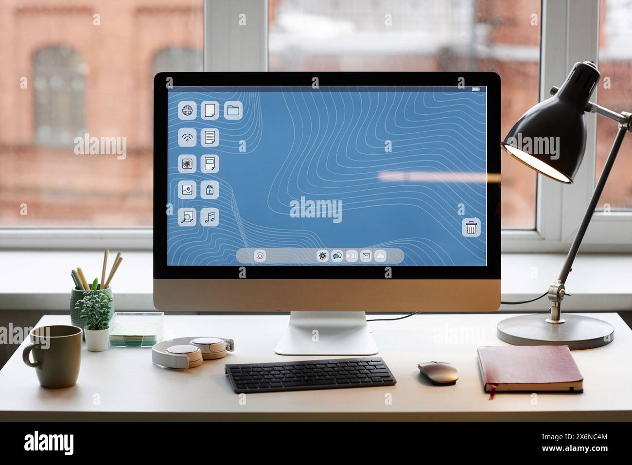 Front view background image of PC computer on simple desk setup against ...