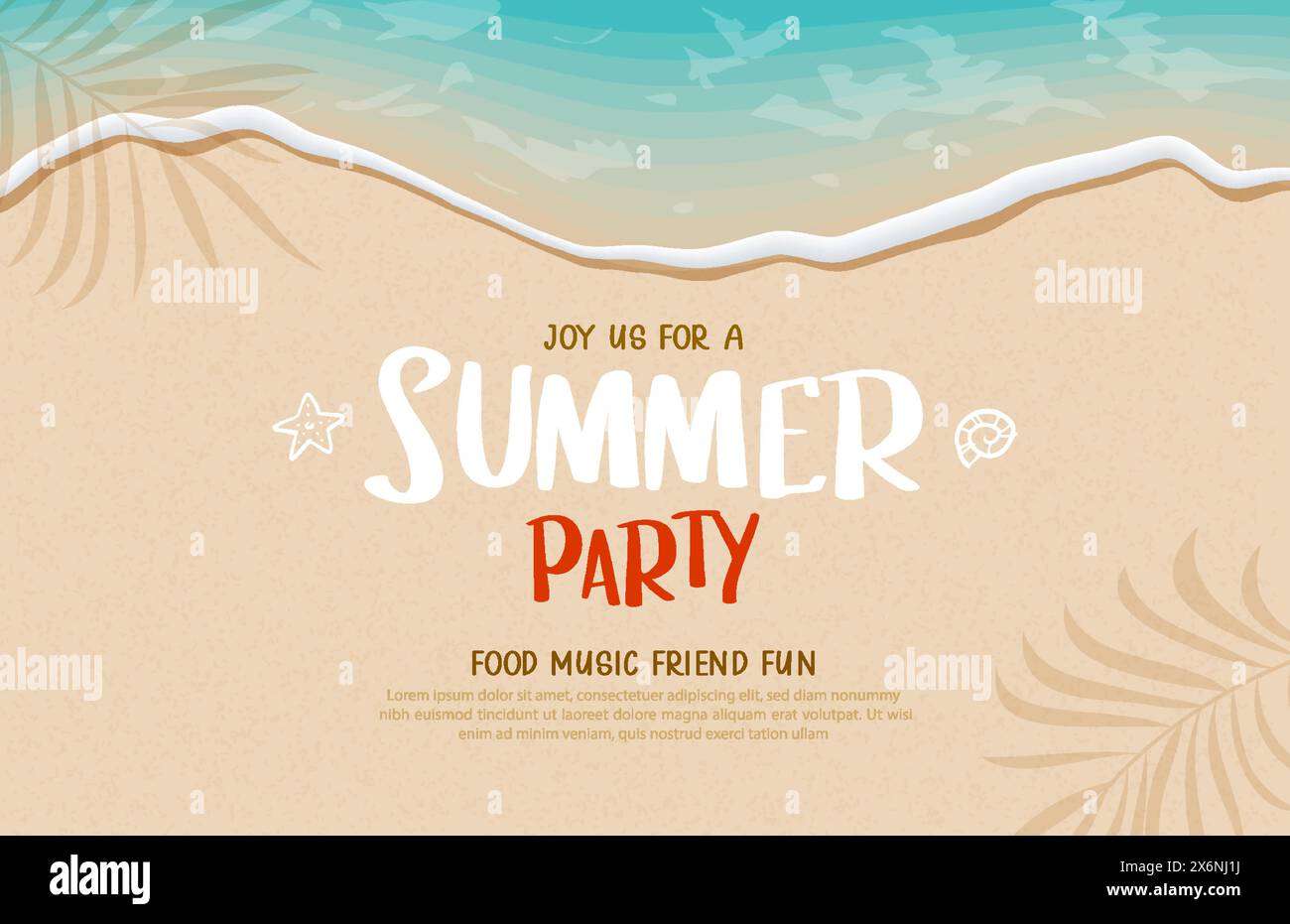 Summer party with soft waves and foam on the sandy beach. Stock Vector
