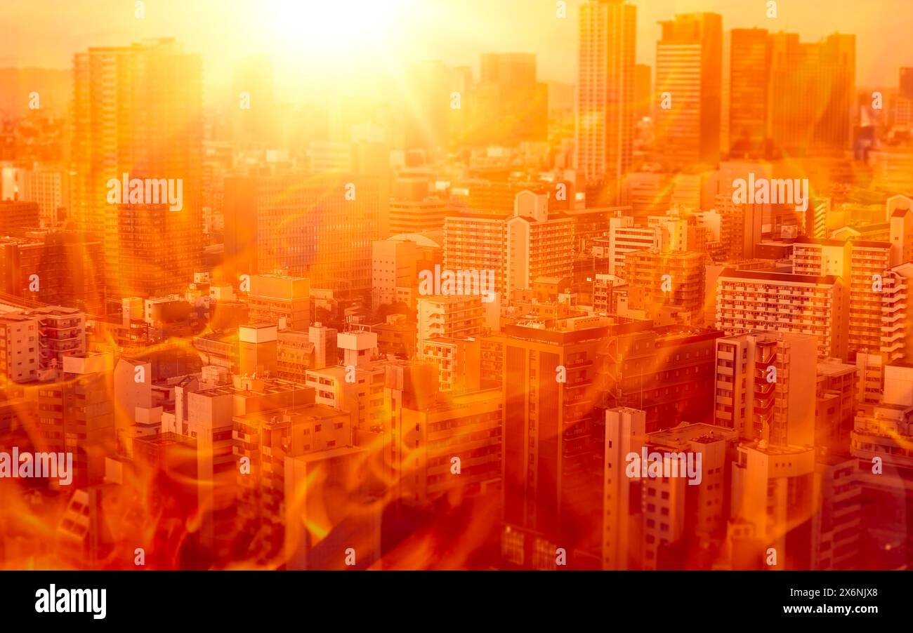 extreme high temperature hot city environment urban cityscape fire burn from monster heat wave climate global warming. Stock Photo