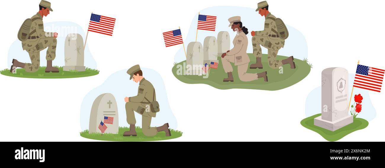 Memorial Day set. Military Diverse soldier man and woman stand on one ...