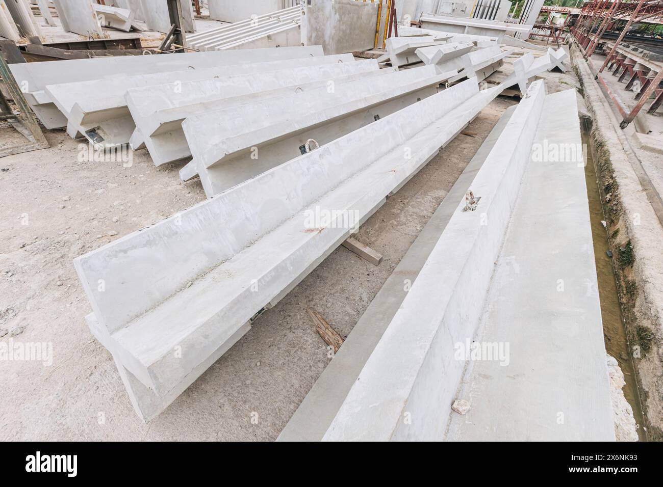 Precast concrete casting manufacturing plant, Cement products large construction site yard business industry. Stock Photo