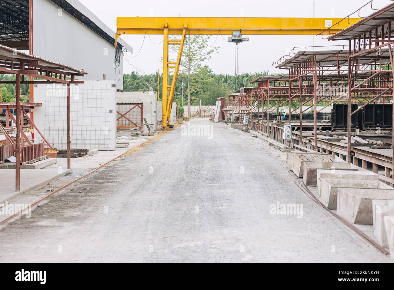 Precast concrete casting manufacturing plant, Cement products large construction site yard business industry. Stock Photo