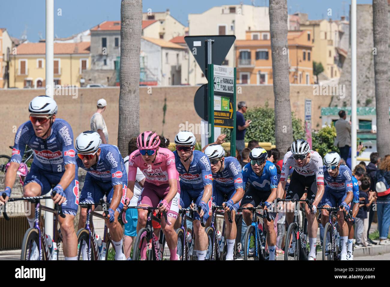 Termoli, Italy. 15th May, 2024. Tadej Pogacar of Team UAE Emirates with the Pink Leader Jersey in the middle of group during the 107th Giro d'Italia 2024 - Stage 11 from Foiano di Val Fortore to Francavilla al Mare. (Photo by Elena Vizzoca/SOPA Images/Sipa USA) Credit: Sipa USA/Alamy Live News Stock Photo