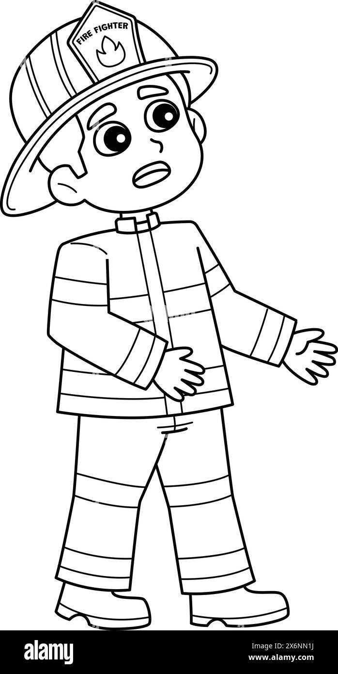 Firefighter Kid Standing Isolated Coloring Page Stock Vector Image ...