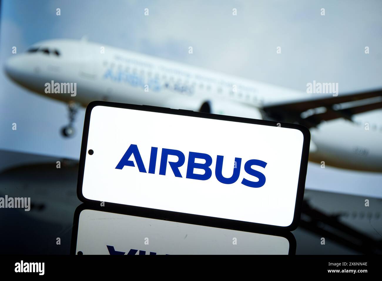 Airbus group logo displayed on screen. Airbus SE is a European multinational aerospace corporation Stock Photo