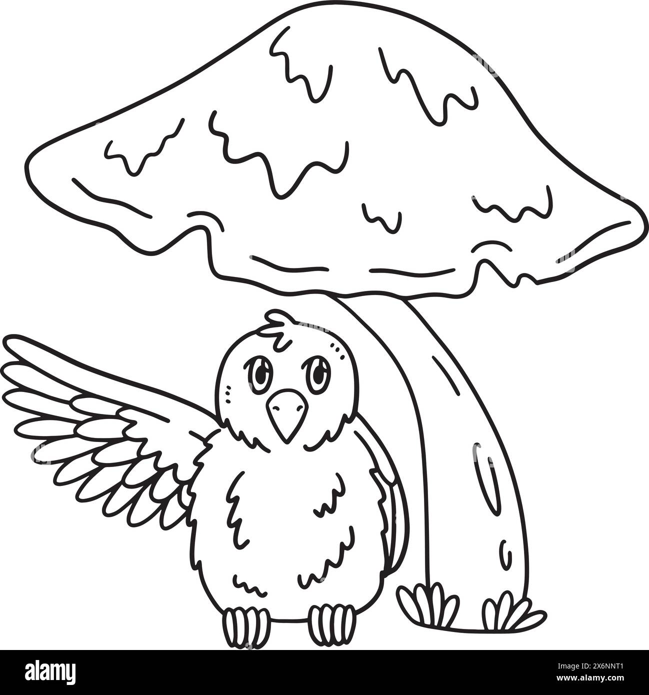 Giant Mushroom with a Bird Isolated Coloring Page Stock Vector