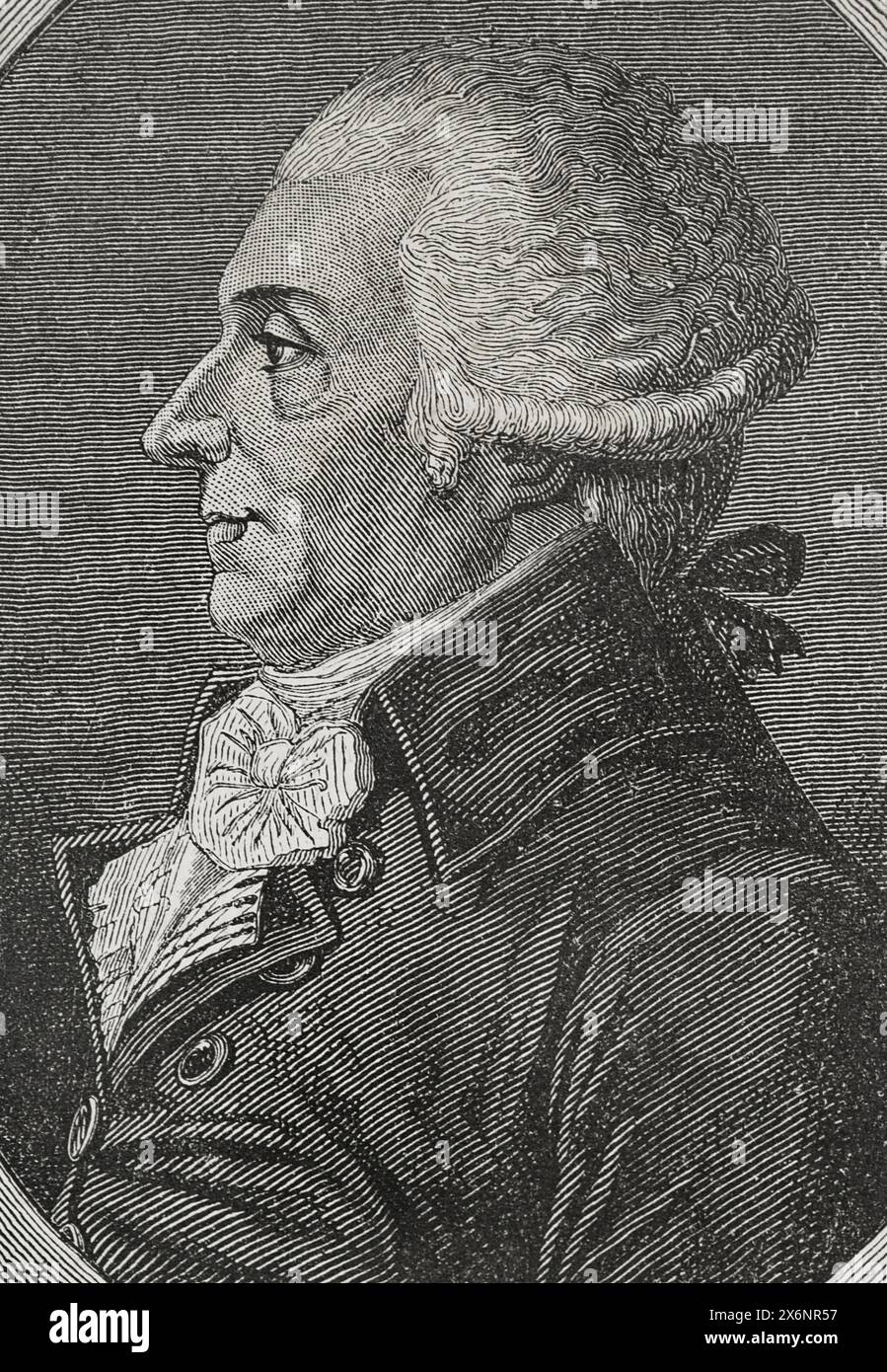 Louis-Bernard Guyton de Morveau (1737-1816). French chemist and politician. During the French Revolution he was a deputy to the Legislative Assembly in 1792, a member of the National Convention and of the Committee of Public Safety in 1793. Portrait. Drawing by Liénard. Engraving by Pannemaker. 'History of the French Revolution'. Volume I, 1876. Stock Photo